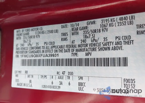 2015 Ford Escape Se from USA, damaged, VIN 1FMCU9G9XFUA39931